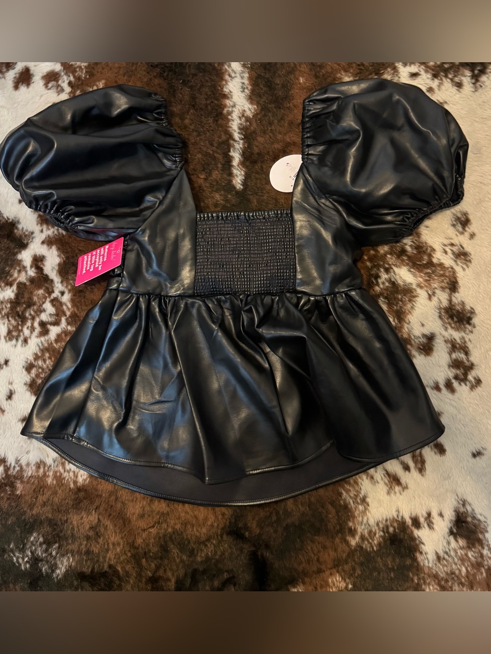 Buddy Love Black Faux Leather Peplum Top with Puff Sleeves - Picture 2 of 8